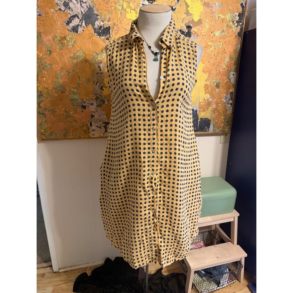 Rosemarine Italy Mustard Yellow Polka Dot Sleeveless Button Down Shirt Dress XL